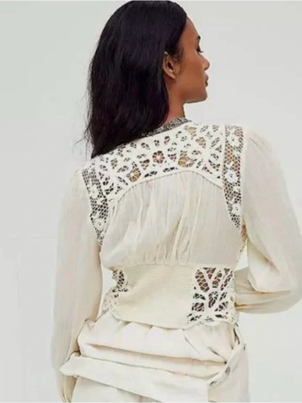 Free People Sorelle Crochet Lace Boho Crop Blouse Top Ivory Cream Medium
